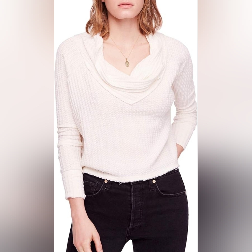 Free People We The Free Women's Small White Waffle Knit Cowl Neck Top